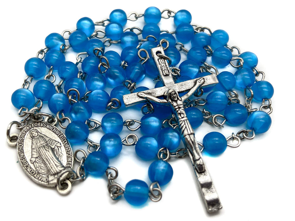 [Australia] - Nazareth Store Rosary Necklace 7mm Round Light Blue Beads Turquoise Cat Eye Stone Miraculous Medal with Crucifix - Velvet Bag 