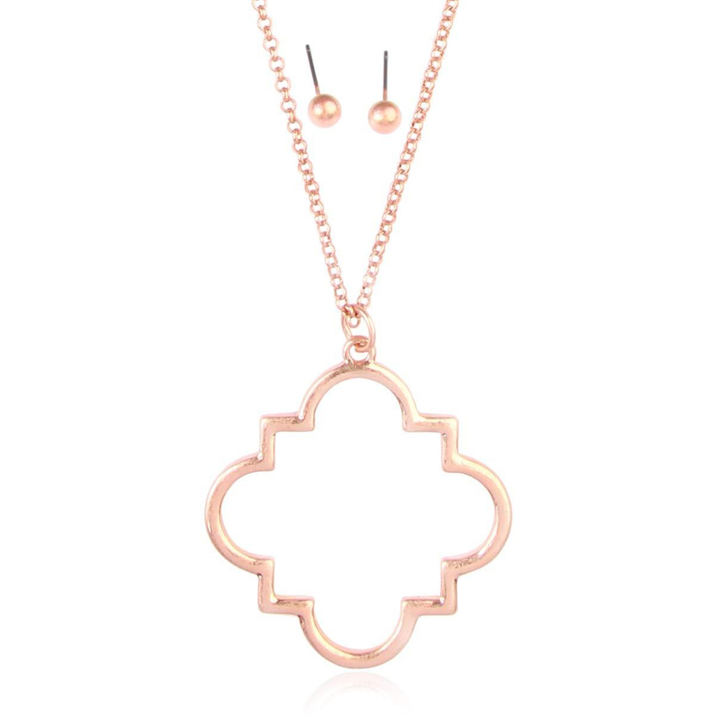 [Australia] - Bohemian Geometric Pendant Long Necklace - Boho Metallic Charm Layering Chain Moroccan Clover Quatrefoil/Floral Filigree/Tassel/Bar/Disc Hoop Clover Quatrefoil - Matte Rose Gold 