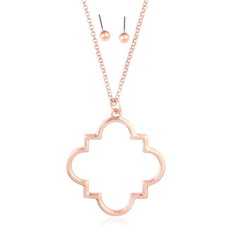 [Australia] - Bohemian Geometric Pendant Long Necklace - Boho Metallic Charm Layering Chain Moroccan Clover Quatrefoil/Floral Filigree/Tassel/Bar/Disc Hoop Clover Quatrefoil - Matte Rose Gold 