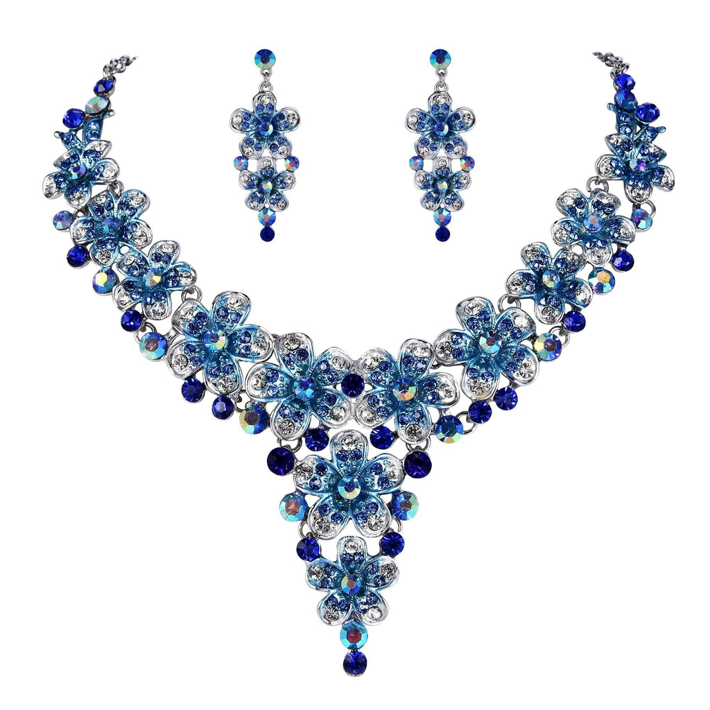 [Australia] - BriLove Women's Wedding Bridal Crystal Multi Hibiscus Flower Enamel Statement Necklace Dangle Earrings Set Royal Blue Silver-Tone 