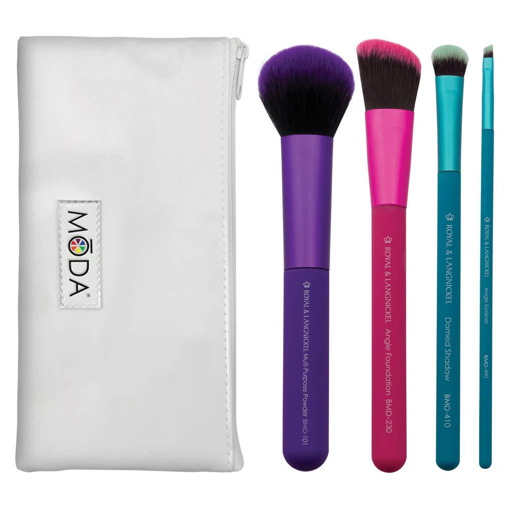 [Australia] - MODA Full Size Complete 5pc Makeup Brush Set with Pouch, Includes - Multi-Purpose Powder, Angle Foundation, Domed Shadow, and Angle Liner Brushes, Multicolor 