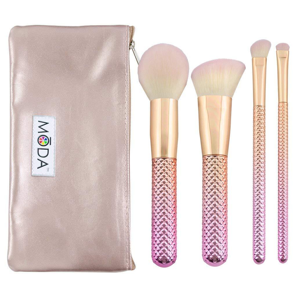 [Australia] - MODA Full Size Metallic Rose Complete Face 5pc Makeup Brush Set with Pouch, Includes - Round Powder, Angle Kabuki, Angle Shader, and Smudger Brushes, Rose Ombre 