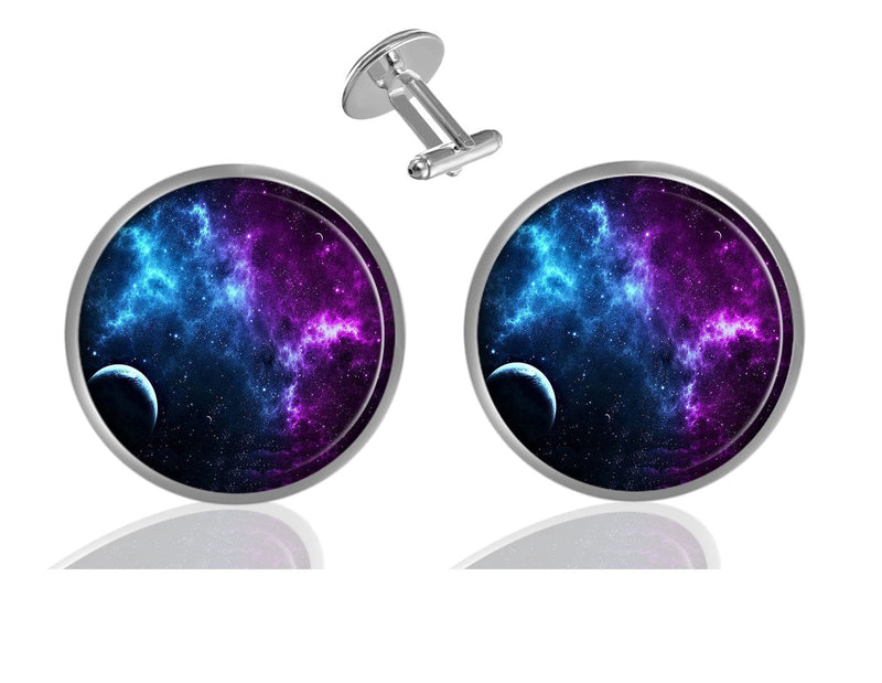 [Australia] - ecowcow Custom Classic Jewelry Tuxedo Shirt Sliver Cufflinks Men's Unique Business Wedding Gifts Blue Purple Galaxy Space 