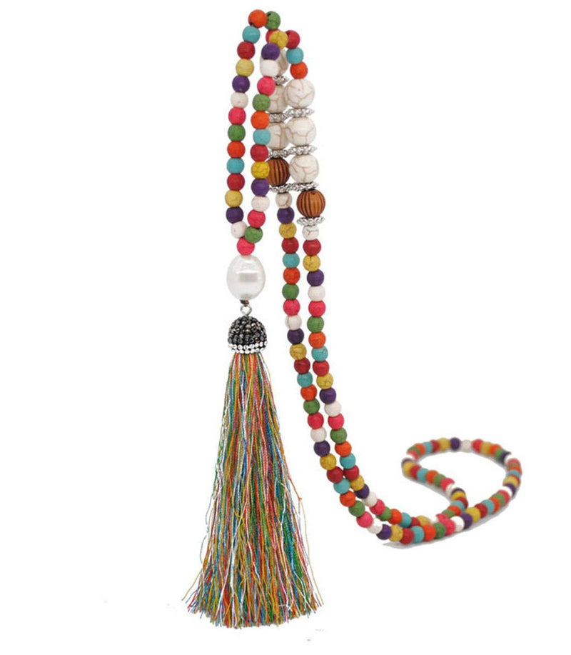 [Australia] - Long Tassel Necklace Handmade Turquoise Pearl Crystal Beads Necklace for Women Fashion Jewelry Multicolor 