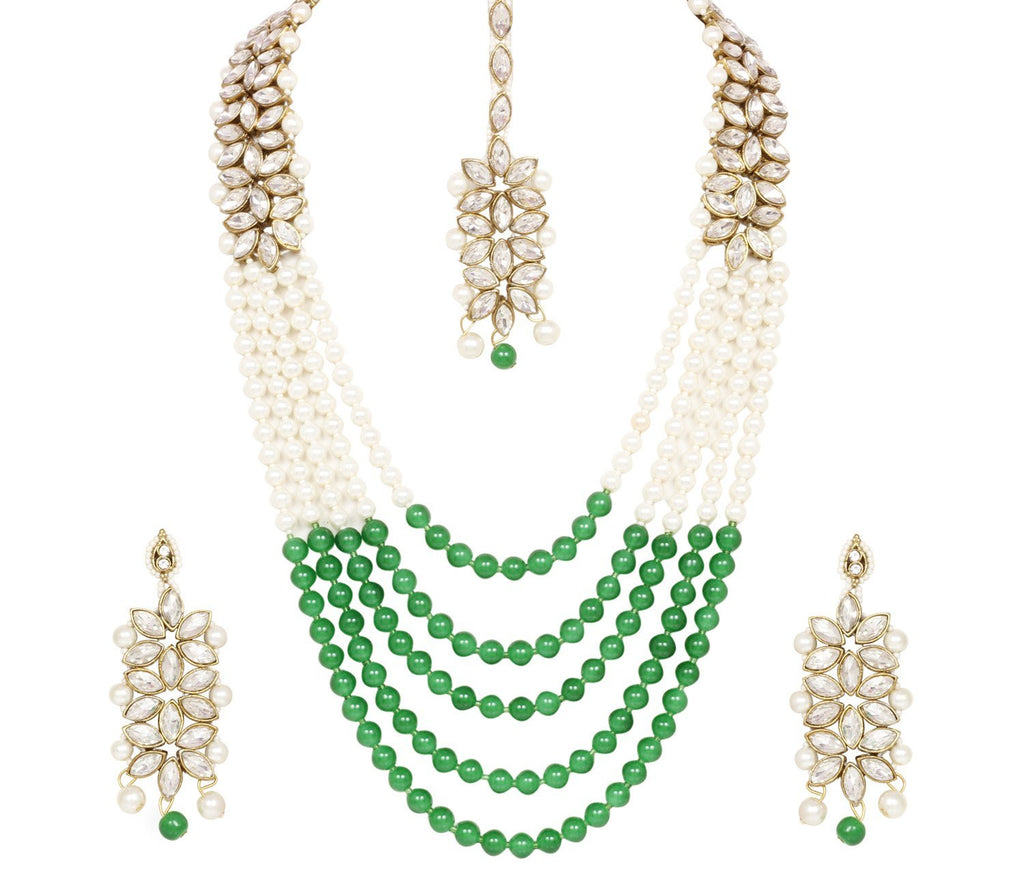 [Australia] - Ratna creation Women's SANARA Indian Traditional Antique Gold Pearl Green Long Strand Necklace & Earring Bollywoood Wedding Jewelry Set Green 