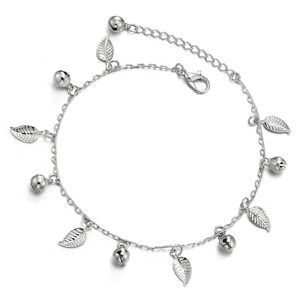 [Australia] - COOLSTEELANDBEYOND Unique Link Chain Anklet Bracelet with Dangling Charms of Leaves and Jingle Bells, Adjustable 