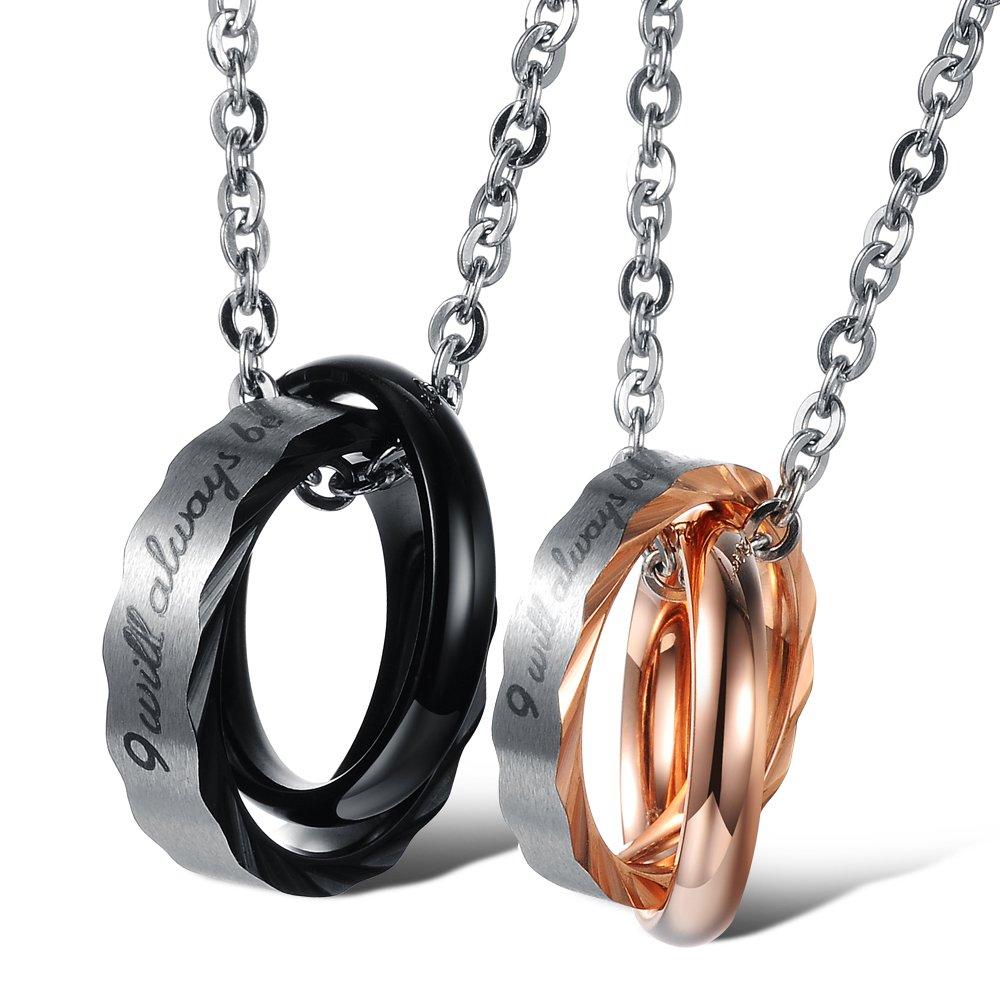 [Australia] - U365 Matching Couples Necklace His & Her Titanium Steel Eternal Love Promise Pendant Set for Men Women 21.6 Inches ALWAYS BE WITH YOU 