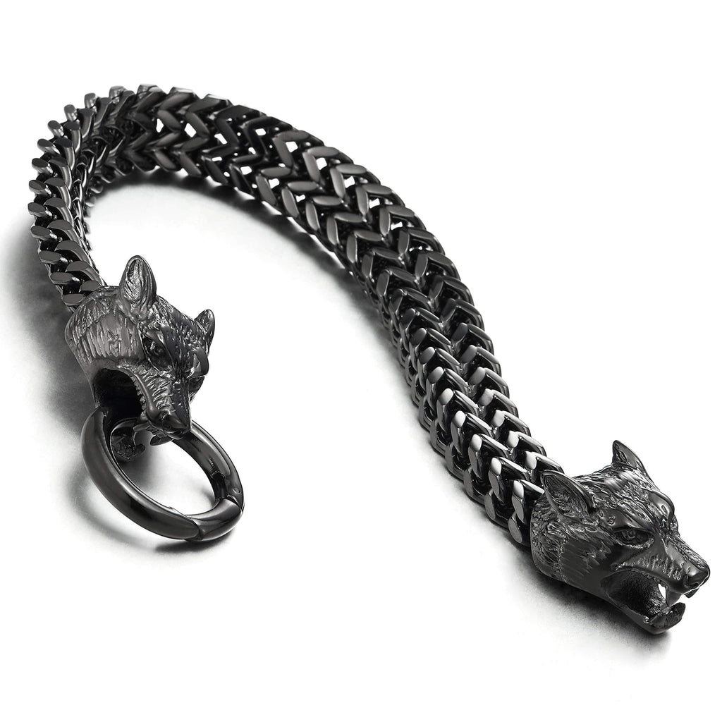 [Australia] - COOLSTEELANDBEYOND Biker Mens Stainless Steel Wolf Head Franco Link Curb Chain Bracelet with Spring Ring Clasp 8.7 Inch Black Color 