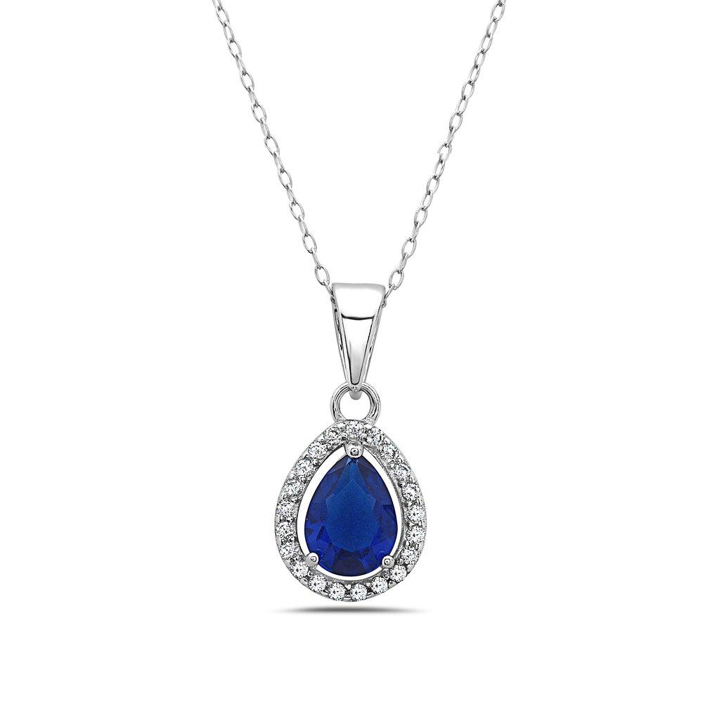 [Australia] - 925 Sterling Silver CZ Blue Teardrop Pendant Necklace - 18" 