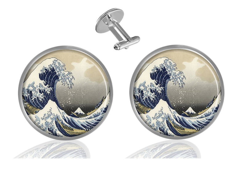 [Australia] - ecowcow Custom Classic Jewelry Tuxedo Shirt Sliver Cufflinks Men's Unique Business Wedding Gifts Hokusai The Great Wave 