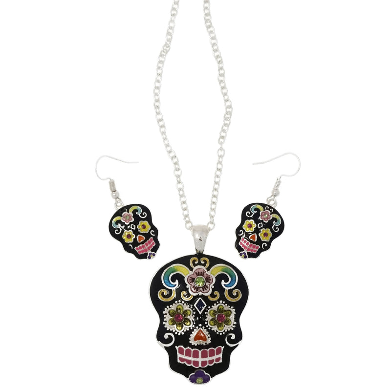 [Australia] - Elosee Sugar Skull Hand Painted Pendant 18" Necklace & Matching Earrings Black 