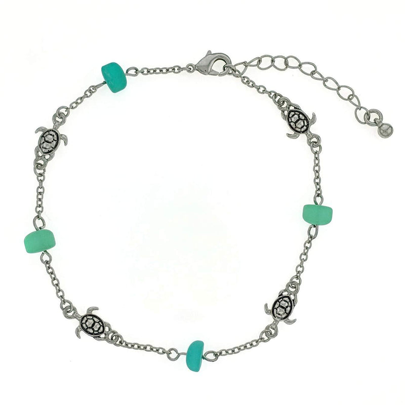 [Australia] - Elosee Sea Glass Bead Sealife Link Anklet Turtle - Rhodium Plated 