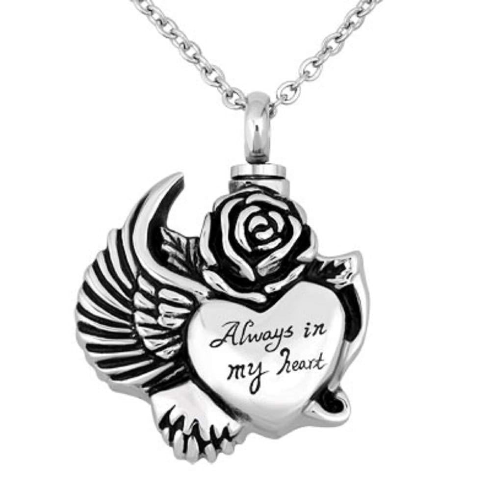 [Australia] - Jesse Ortega Urn Necklace of Ashes Cremation Jewelry Always in My Heart Memorial Keepsake Memorial Stainless Steel Necklace Angel Wing 