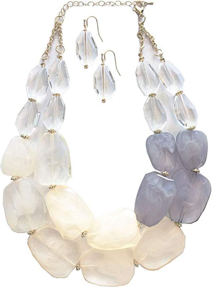 [Australia] - Neutral Earth Tone Ivory Beige White Clear Quartz Honey Amber Grey Frosted Gray Acrylic Resin Stone Chunky Statement Choker Necklace Earring Set 