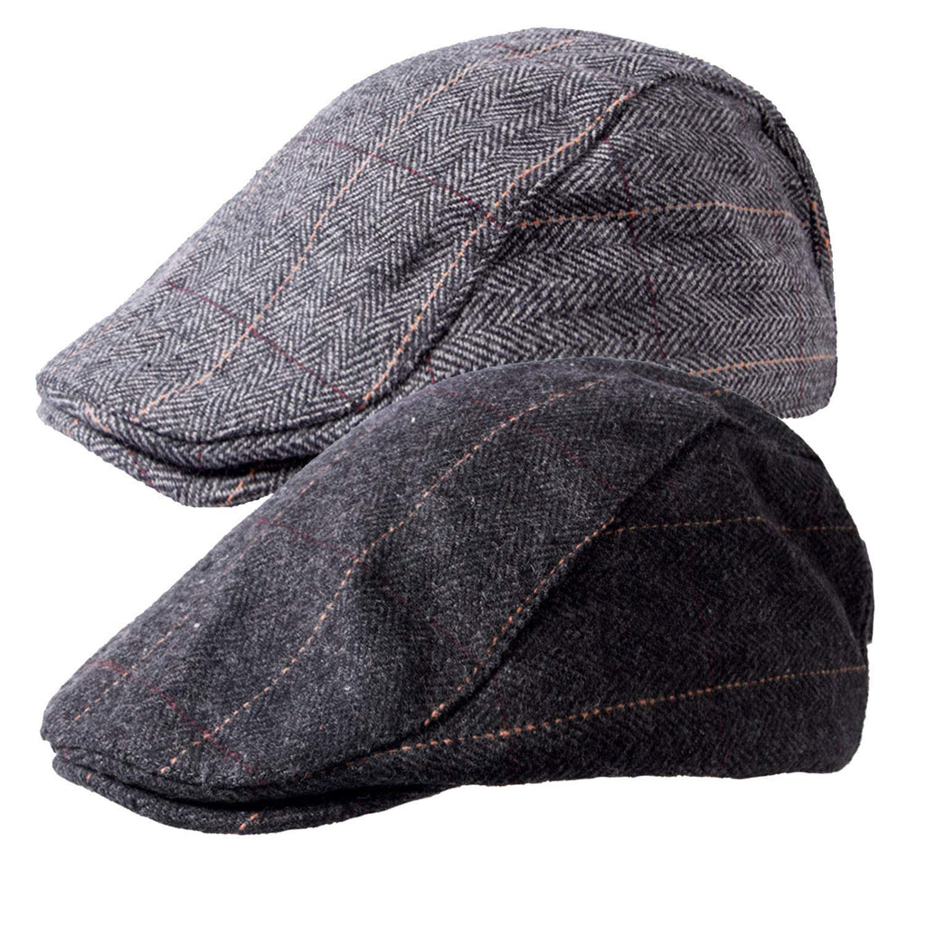 [Australia] - 2 Pack Newsboy Hats for Men Classic Herringbone Tweed Wool Blend Flat Cap Ivy Gatsby Cabbie Driving Hat A-black/Grey 