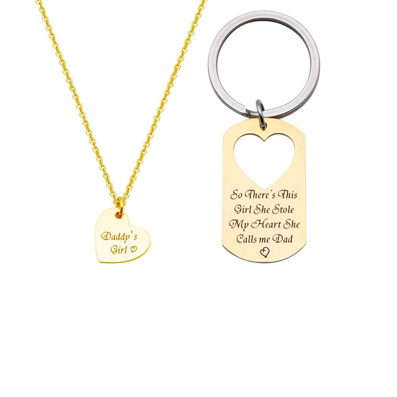 [Australia] - BRBAM Father Daughter Necklace and Keychain Set-So There's This Girl She Stole My Heart She Calls Me Dad Engraved Jewelry Sweet Gift Between Father and Daughter Gold Set 