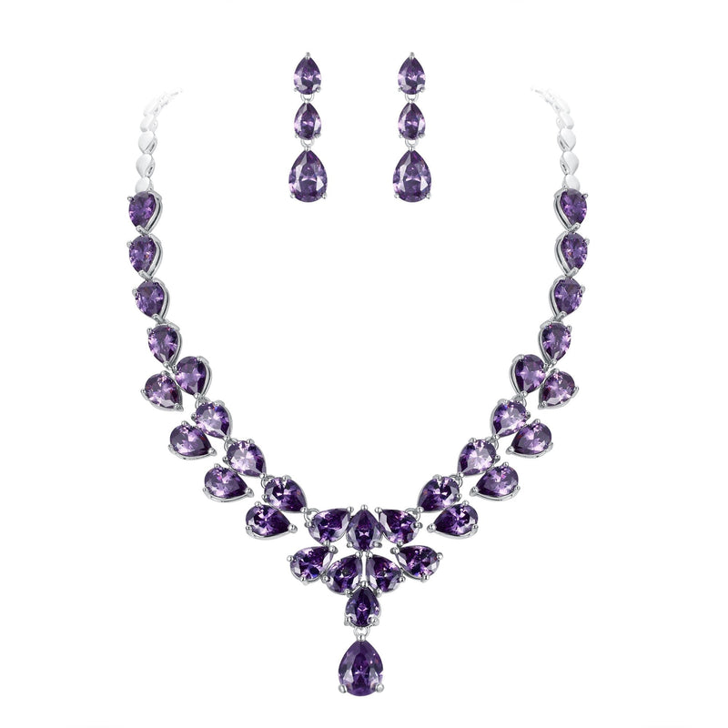 [Australia] - EleQueen Women's Bridal CZ Multi Teardrop Statement Necklaces Dangle Earrings Costume Jewerly Sets Amethyst 