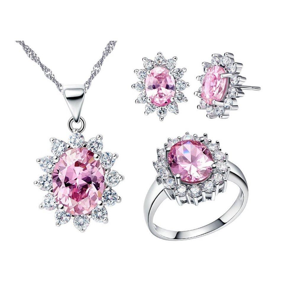 [Australia] - Uloveido Women Jewelry Necklace Earrings and Ring Set with Cubic Zirconia Crystals T466 Pink 9 