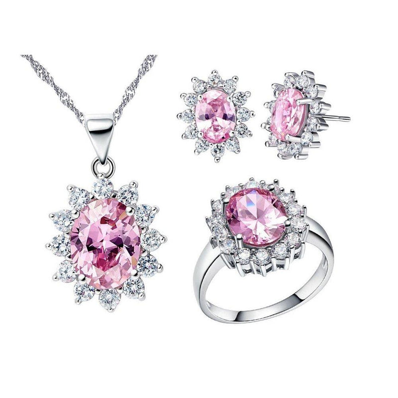 [Australia] - Uloveido Women Jewelry Necklace Earrings and Ring Set with Cubic Zirconia Crystals T466 Pink 9 