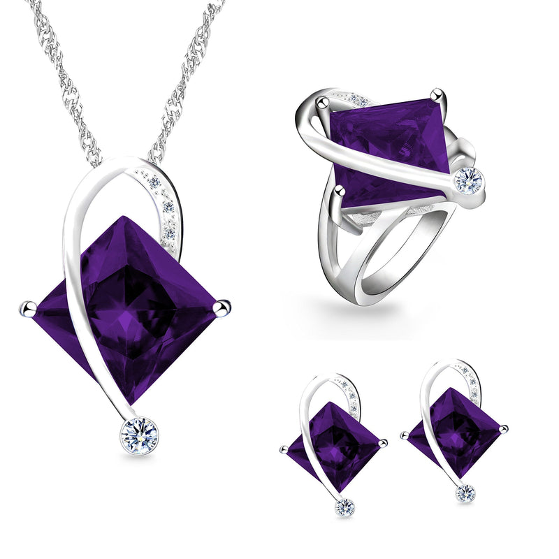 [Australia] - Uloveido Charm Created Topaz Big Square Crystal Necklace Matching Stud Earrings Rings Jewelry Set T295 Purple 8 