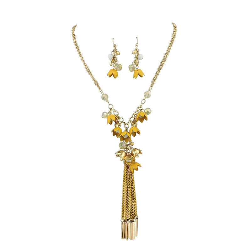 [Australia] - Bocar Long 2 Layer Chain Unique Flower Pendant Tassels Necklace Earrings Women Jewelry Set yolk yellow 