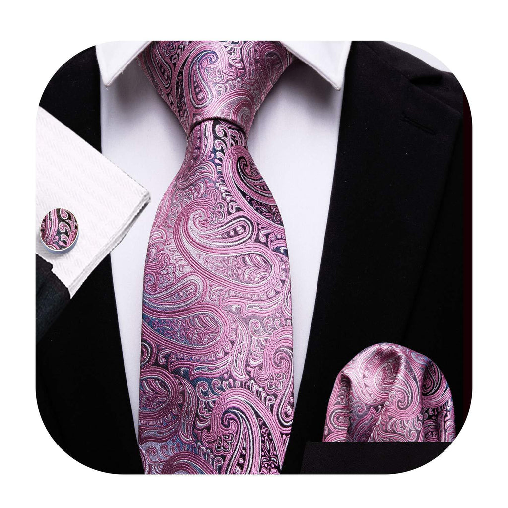 [Australia] - Barry.Wang Men Tie Set Paisley Solid Silk Necktie Pocket Square Cufflinks Extra Long Tie Formal Wedding 01 Rose Pink Paisley 