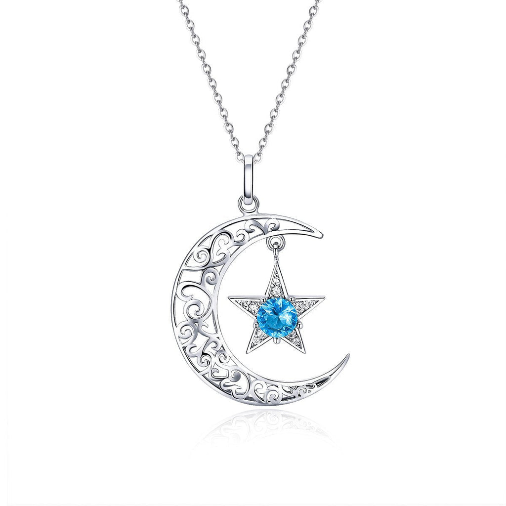 [Australia] - BISAER Sterling Silver Star Moon Pendant Necklace with Blue Round Cubic Zirconia Jewelry Gift for Women Girl (Length 14.96 Inch - 18 Inch) 