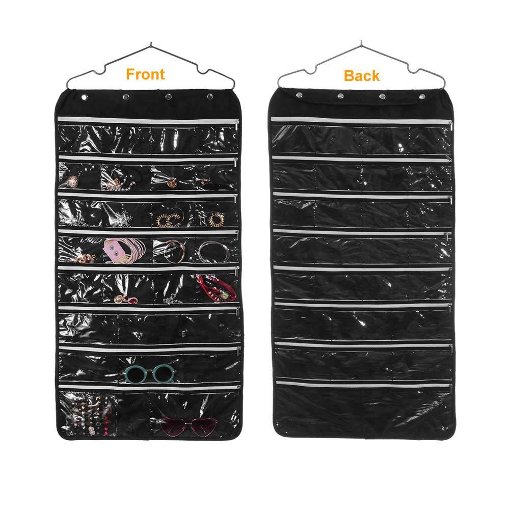 [Australia] - 56 Pockets Hooks with Zippers Dual Sided Non Woven Jewelry Necklace Earrings Bracelets Rings Accessories Hanging Organizer Storage Bag Wall Mounted Door Cabinet Hanger Holder Clear Display Foldable 