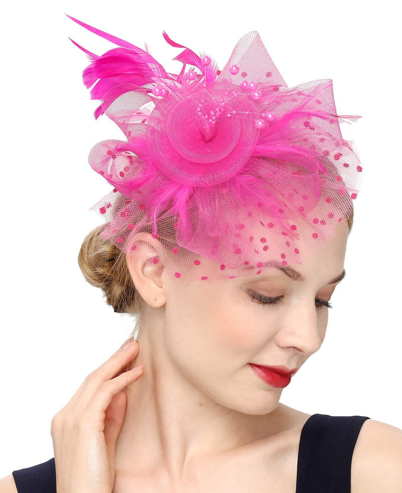 [Australia] - Fascinators Hat for Women Tea Party Headband Kentucky Derby Wedding Flower Cocktail Mesh Feathers Hair Clip 1-fushia 
