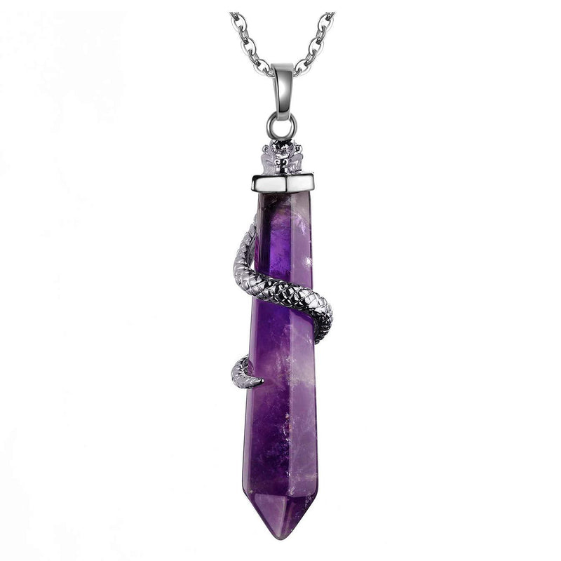 [Australia] - MANIFO Jewelry Copper Snake Wrapped Natural Amethyst Gemstone Energy Healing Crystal Hexagonal Pendant Necklace with Stainless Steel Chain 24" 