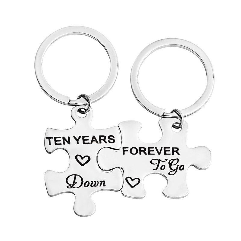 [Australia] - FEELMEM 10th Anniversary Present Ten Years Down Forever To Go Couples Puzzle Keychain Set Of Two 10 Years Anniversary Key Chain Present For Him or Her (silver) 