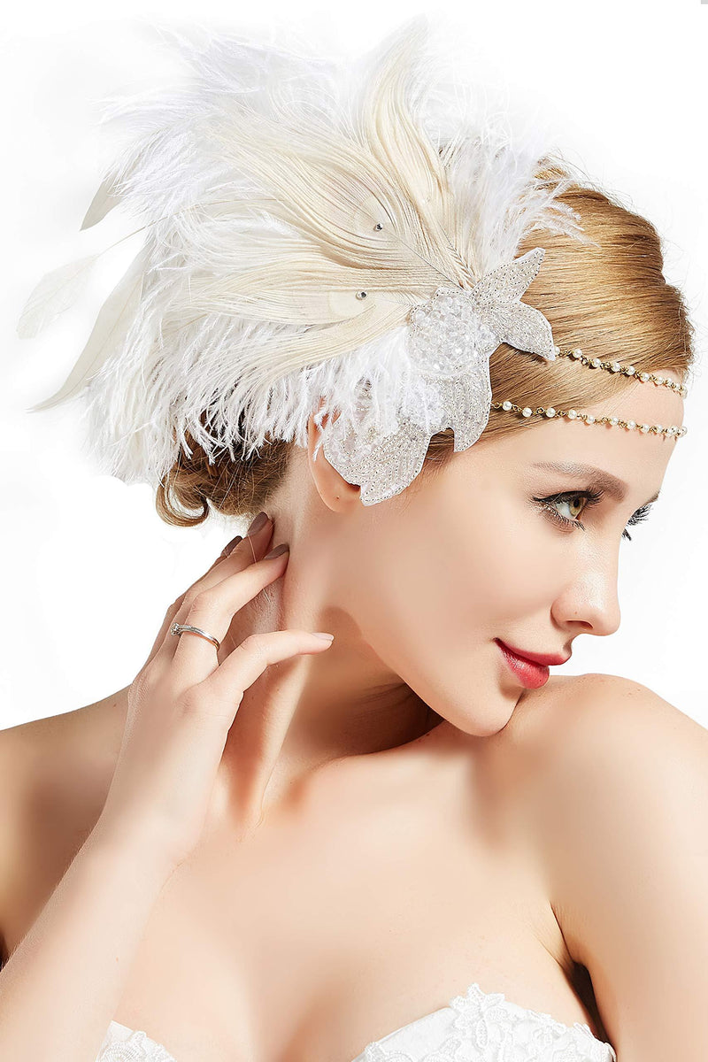 [Australia] - BABEYOND Art Deco 1920s Flapper Headpiece Roaring 20s Great Gatsby Feather Headband 1920s Flapper Gatsby Accessories Off-white 