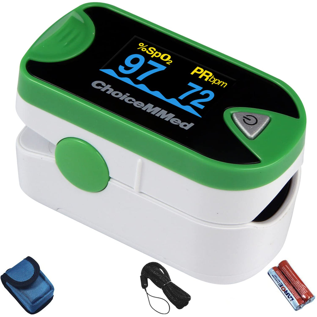 [Australia] - ChoiceMMed Dual Color OLED Finger Pulse Oximeter - Green - Blood Oxygen Saturation Monitor with Color OLED Screen Display and Included Batteries - O2 Saturation Monitor 