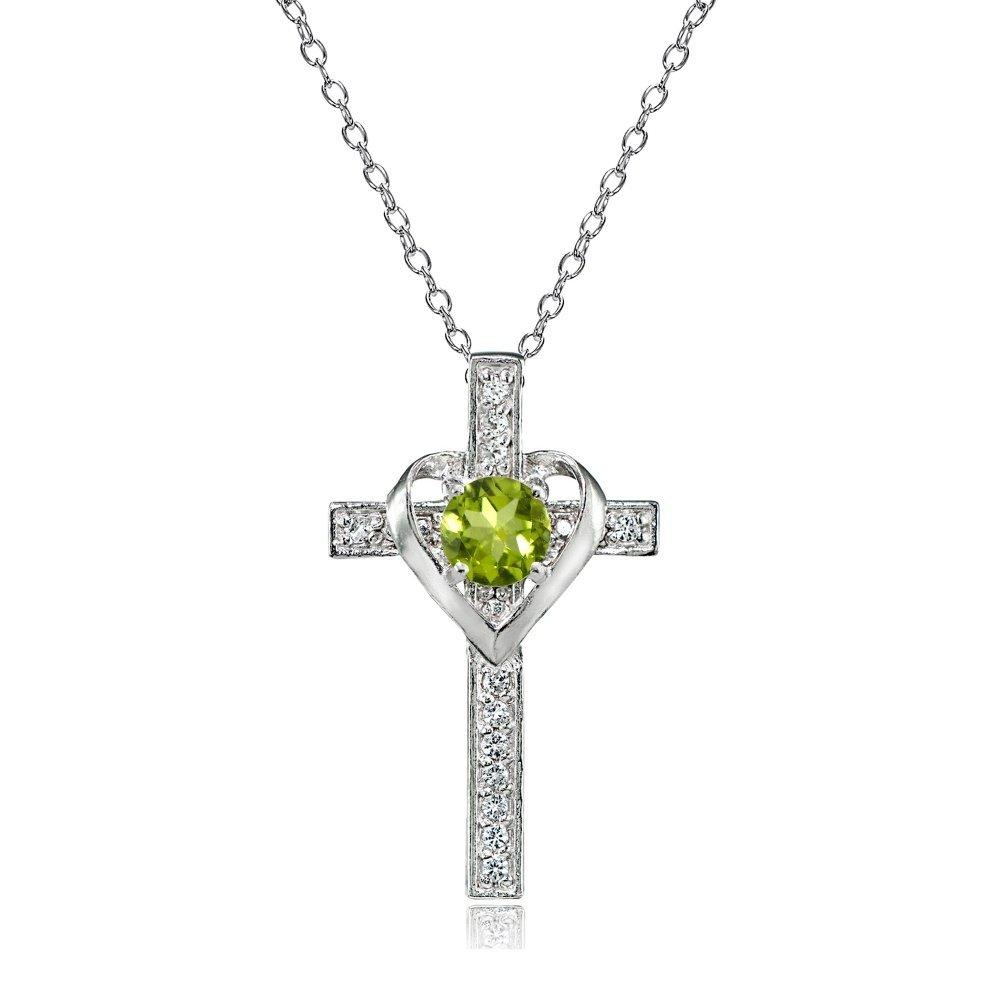 [Australia] - Sterling Silver Genuine or Synthetic Gemstone Heart in Cross Necklace for Women Girls August - Peridot 