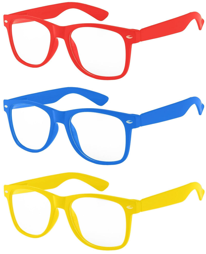 [Australia] - 3 Pairs Kids Clear Lens Glasses Protect Child's Eyes from UVB UVA Blocking .3red-blue-yellow PC Lens 