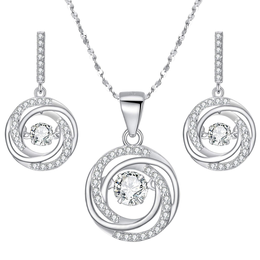 [Australia] - BriLove Women 925 Sterling Silver Dancing CZ Round Spiral Swirl Pendant Necklace Dangle Earrings Set Clear #Set 