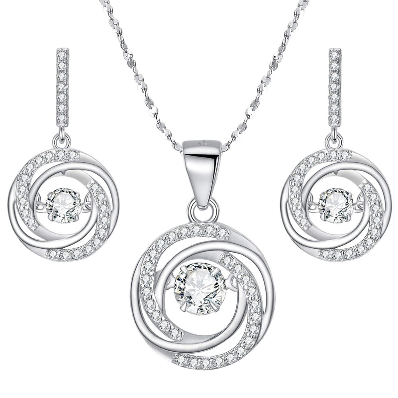 [Australia] - BriLove Women 925 Sterling Silver Dancing CZ Round Spiral Swirl Pendant Necklace Dangle Earrings Set Clear #Set 