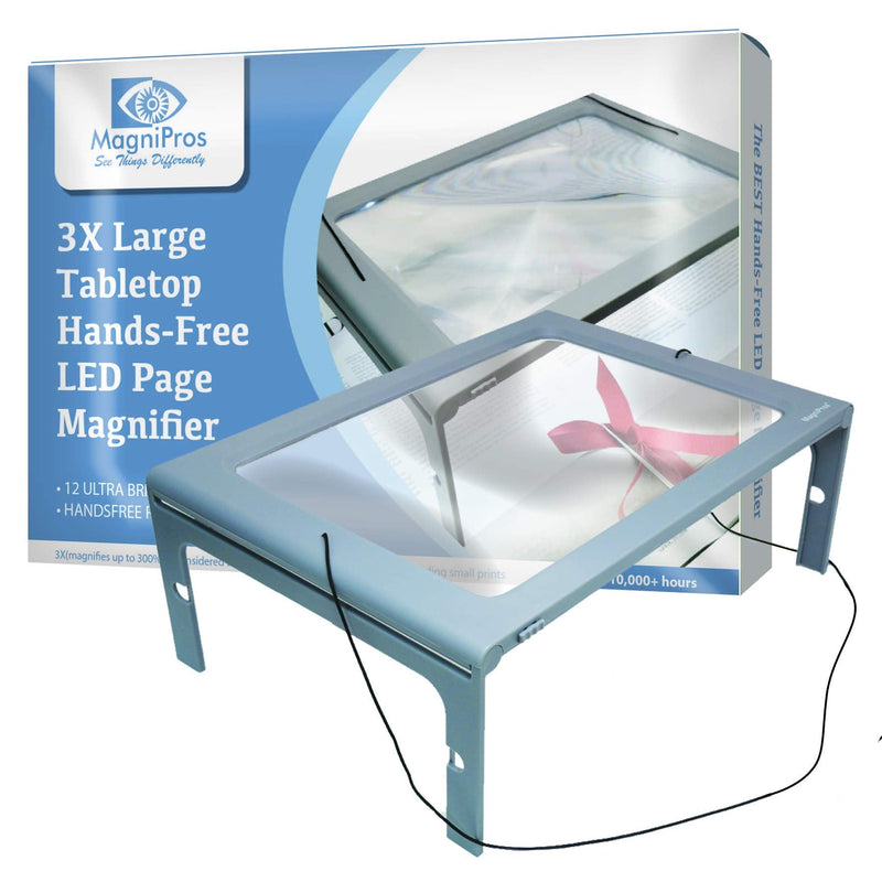 [Australia] - 3X Large Full Page Magnifier with 12 LED Lights[Provide Evenly Lit Viewing Area], Foldable Flip-Out Legs, Dual Power Supply Modes- Ideal for Hands Free Reading, Low Vision, Seniors with Aging Eyes 