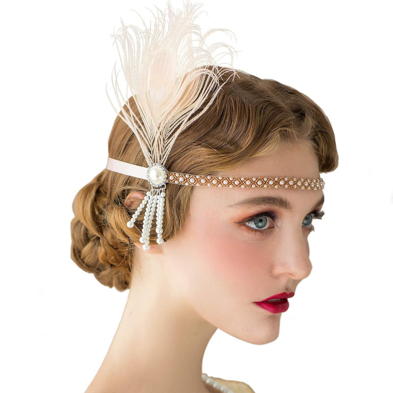 [Australia] - SWEETV 1920s Headpiece Flapper Headband, Pearl Peacock Feather Hair Band, Great Gatsby Accessoreis for Women, Blush Pink Pearl Blush Pink 