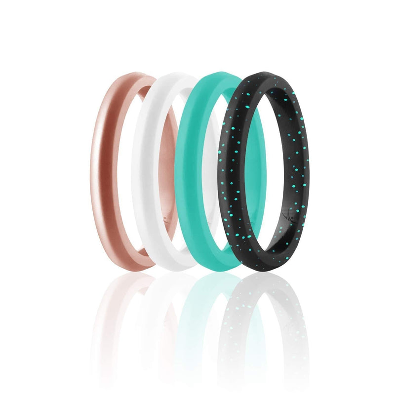 [Australia] - ROQ Silicone Wedding Ring for Women, Affordable Thin Line and Point Stackable Silicone Rubber Wedding Bands, 8, 4 & Single Packs Point: Black with Turquoise Glitter, White, Turquoise, Rose Gold 4 - 4.5 (15.3mm) 