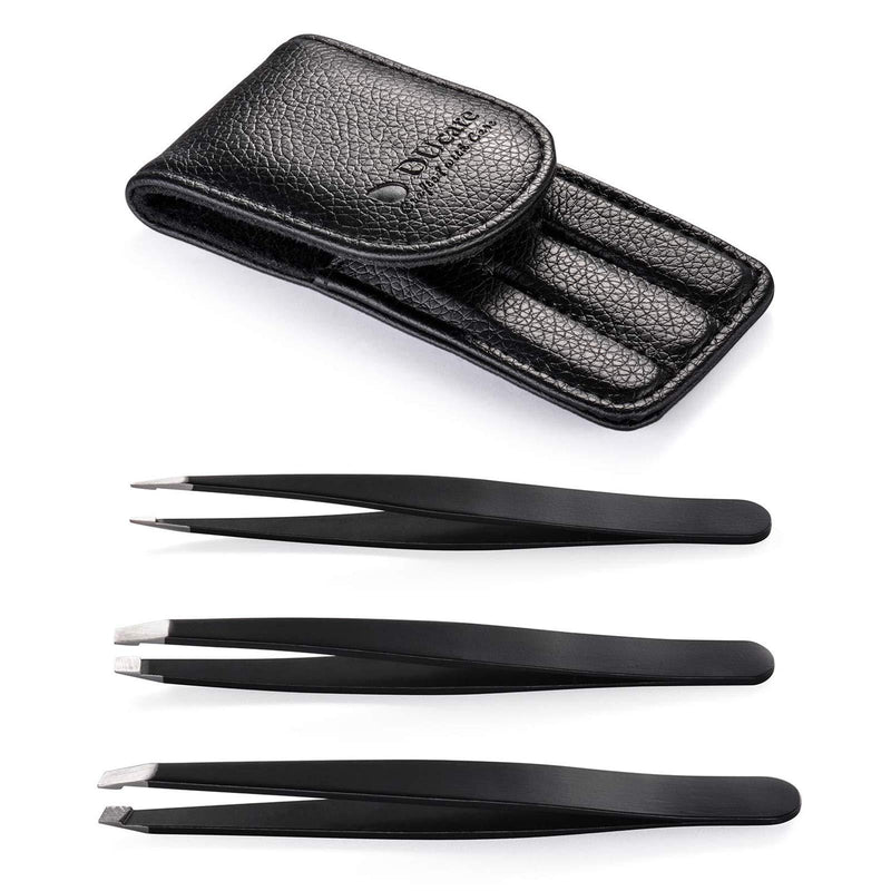 [Australia] - Tweezers Set, DUcare 3 Pieces Stainless Steel Tweezers for Eyebrow, Facial and Body Hair with Compact Travel Case Gift 