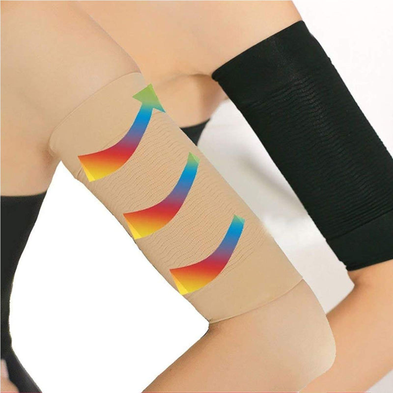 [Australia] - 2 Pair Elastic Compression Arm Sleeves Women Weight Loss Calories Slimming Arm Shaper Massager Arm Belt Slimming Compression Arm Shaper Helps Shape Upper Arms Sleeve for Sport Fitness, Black + Nude 