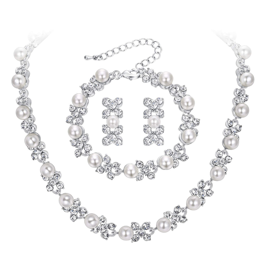 [Australia] - BriLove Wedding Bridal Simulated Pearl Necklace Bracelet Earrings Jewelry Set for Women Crystal Flower Collar Necklace Tennis Bracelet Drop Earrings Set Clear Silver-Tone 
