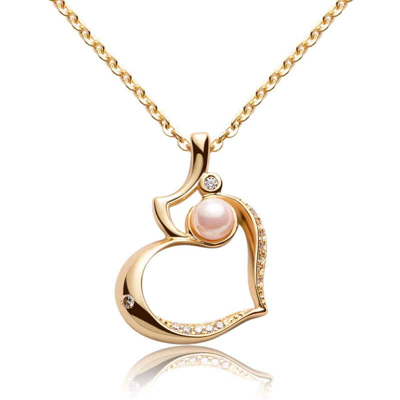 [Australia] - Karseer Heart Pendant Necklace with Pink Pearl and Cubic Zirconia, 16" to 18" Adjustable, Thanksgiving Christmas Anniversary Valentines Mothers Day Jewelry Gift for Women Girls Brilliant Yellow Gold 