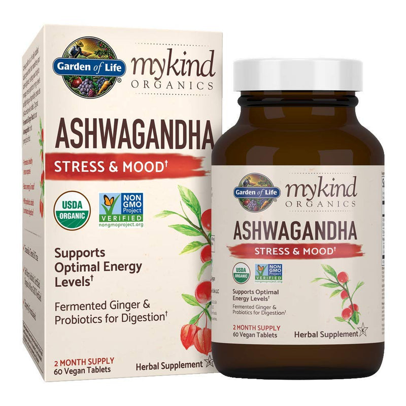 [Australia] - Organic Ashwagandha Stress, Mood & Energy Support Supplement with Probiotics & Ginger Root for Digestion - Garden of Life mykind Organics - Vegan, Gluten Free, Non GMO – 2 Month Supply, 60 Tablets 