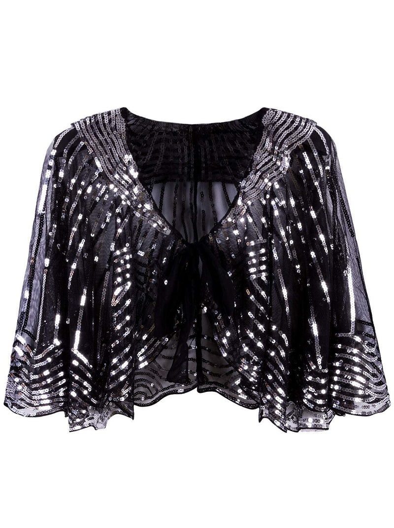 [Australia] - VIJIV 1920s Vintage Style Cape Jacket Embellished Bridal Shawl Capelet Flapper Bolero Cover Up Gatsby Party One Size Black Silver 