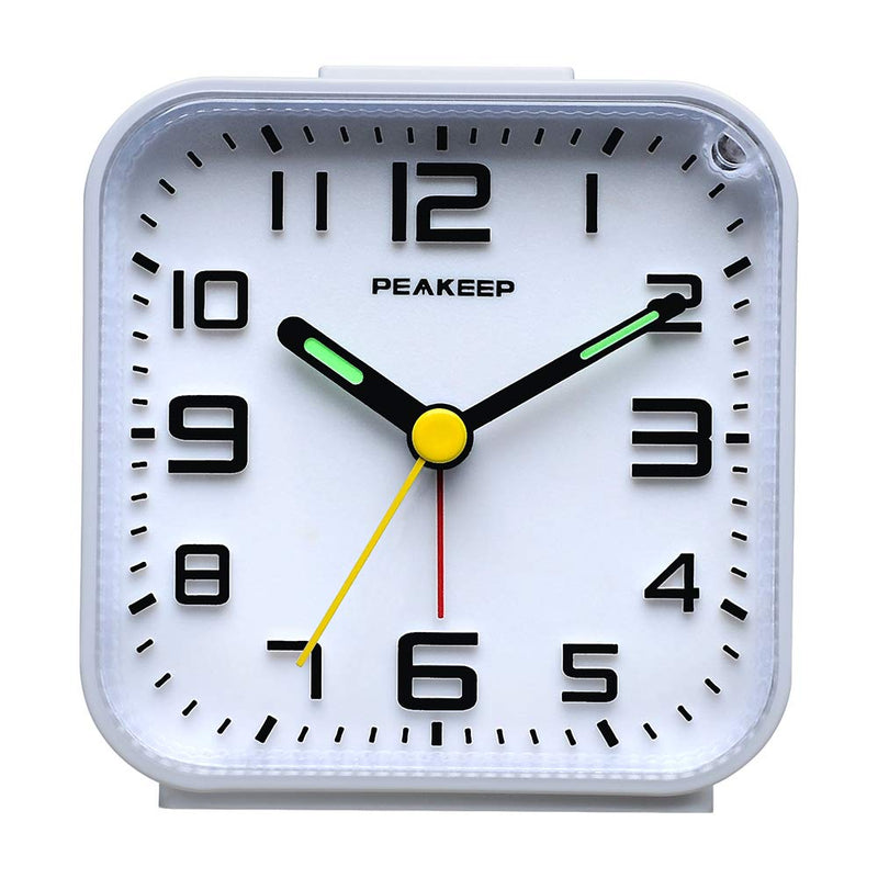 [Australia] - PEAKEEP 3D Numbers No Tick-Tock Analog Alarm Clock with Classic Beep Sound, Snooze, Manual Light and Battery Powered Small for Travel (White-3D) White-3d 