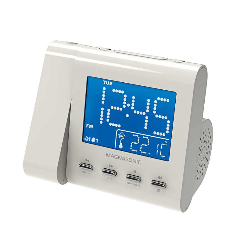 [Australia] - Magnasonic Projection Alarm Clock with AM/FM Radio, Battery Backup, Auto Time Set, Dual Alarm, Nap/Sleep Timer, Indoor Temperature/ Date Display with Dimming & 3.5mm Audio Input - White (EAAC601W) White Body 