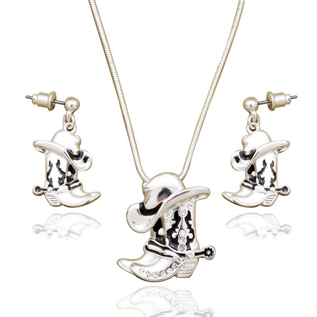 [Australia] - RechicGu Western Texas Cowgirl Cowboy Hat Stetson Boot Spur Rodeo Snake Chain Earrings Necklace Set Silver 