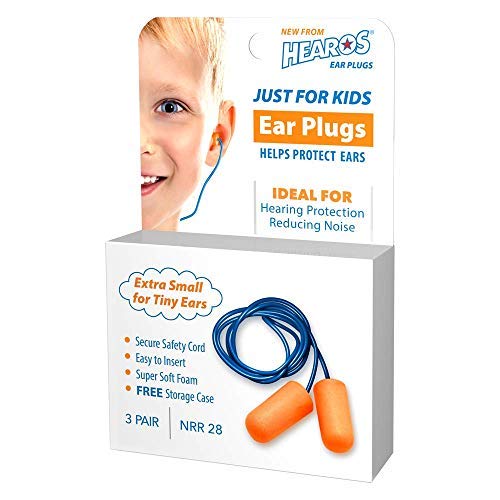 [Australia] - HEAROS Just for Kids Ear Plugs NRR 28 Foam EarPlugs, Extra Small Corded Hearing Protection with Storage Case (3 Pairs) 